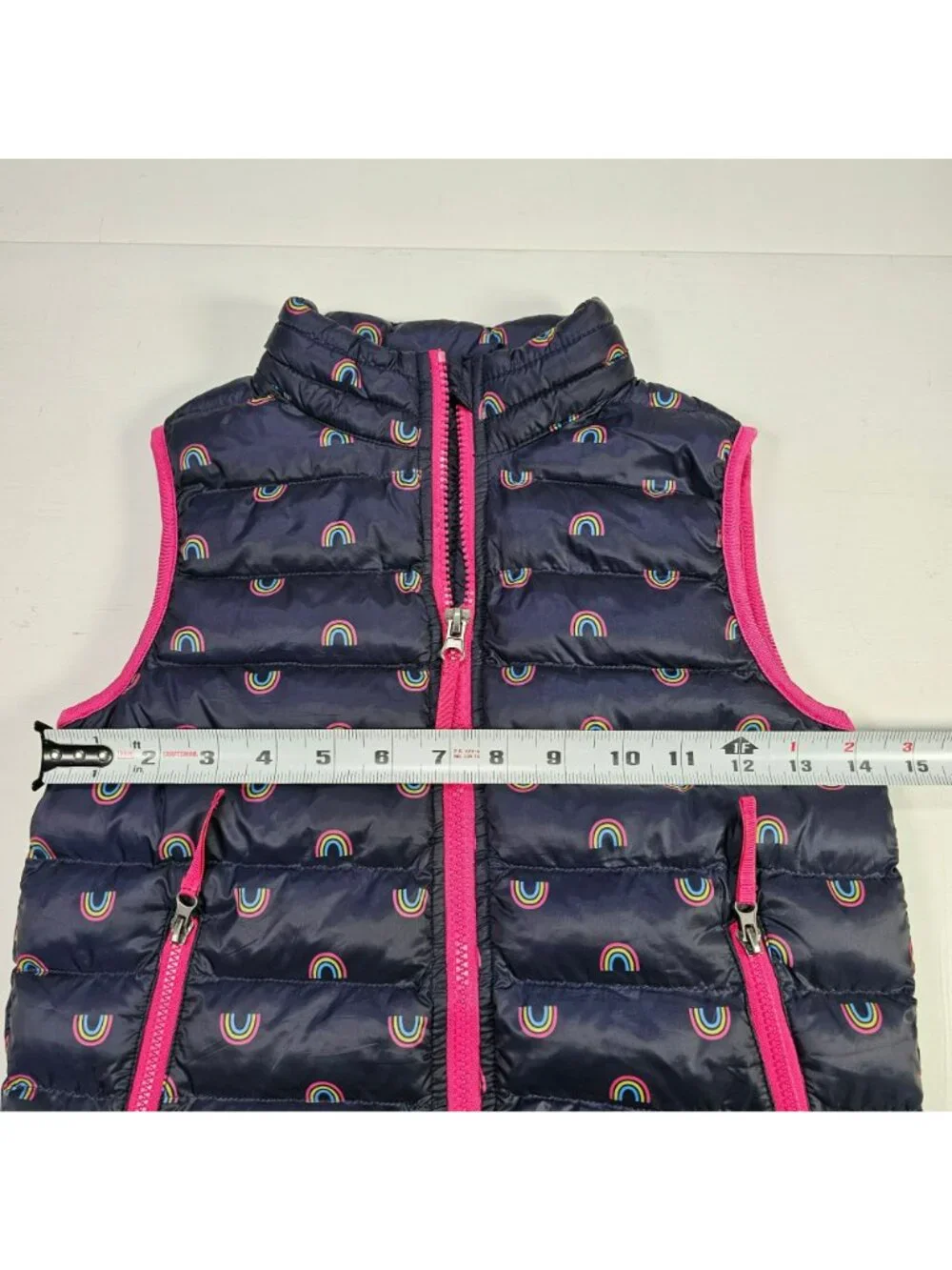32 Degrees Heat Sleeveless Puffer Vest Girls Size XS Blue w/ Rainbow Print